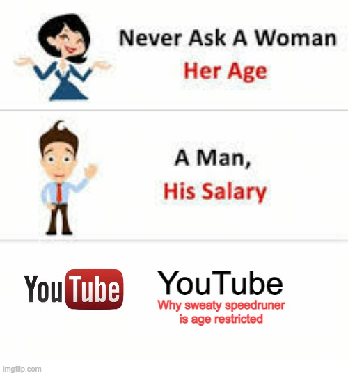 Those who saw it said they saw nothing wrong with it, so I am very confused on WHY its age restricted | YouTube; Why sweaty speedruner is age restricted | image tagged in never ask a woman her age | made w/ Imgflip meme maker