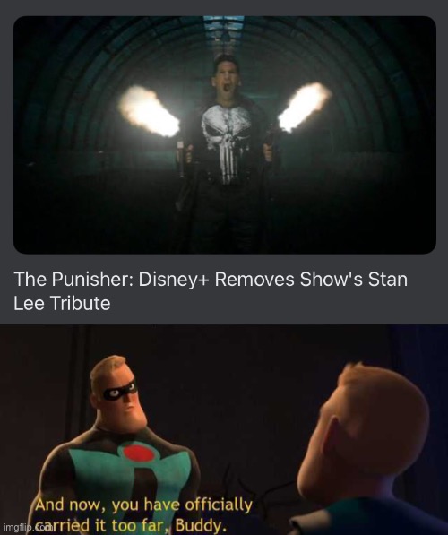 Disney has crossed the line… | image tagged in and now you have officially carried it too far buddy,memes,disney plus,the punisher,stan lee,tribute | made w/ Imgflip meme maker
