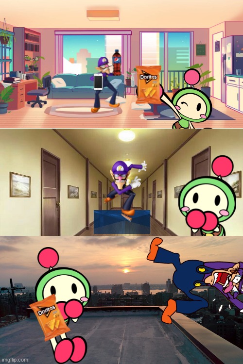Waluigi dies from his apartment while chasing Green Bomber for stealing his doritos.mp3 | image tagged in waluigi,bomberman,apartment,chase,doritos,pepsi | made w/ Imgflip meme maker