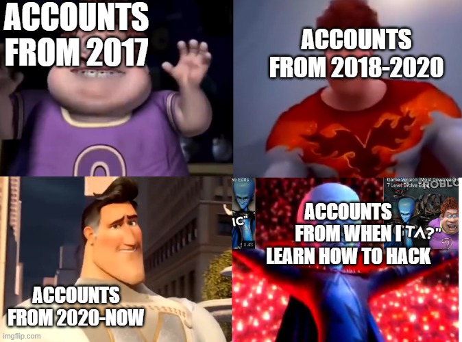 Snotty Boy Glow Up | ACCOUNTS FROM 2017; ACCOUNTS FROM 2018-2020; ACCOUNTS FROM WHEN I LEARN HOW TO HACK; ACCOUNTS FROM 2020-NOW | image tagged in snotty boy glow up | made w/ Imgflip meme maker