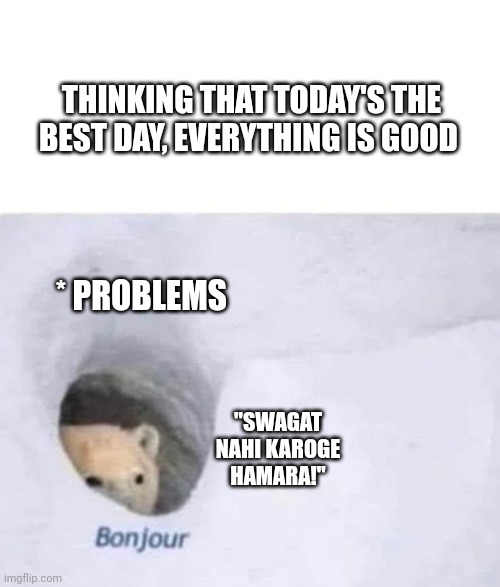 Problemd |  THINKING THAT TODAY'S THE BEST DAY, EVERYTHING IS GOOD; * PROBLEMS; "SWAGAT NAHI KAROGE HAMARA!" | image tagged in bonjour,problems | made w/ Imgflip meme maker