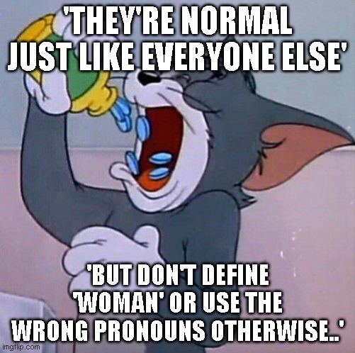 you don't walk on egg-shells around stable people, just sayin.. | 'THEY'RE NORMAL JUST LIKE EVERYONE ELSE'; 'BUT DON'T DEFINE 'WOMAN' OR USE THE WRONG PRONOUNS OTHERWISE..' | image tagged in pill swallowing tom | made w/ Imgflip meme maker