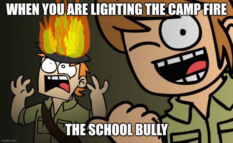 Matt on fire | WHEN YOU ARE LIGHTING THE CAMP FIRE; THE SCHOOL BULLY | image tagged in matt on fire | made w/ Imgflip meme maker