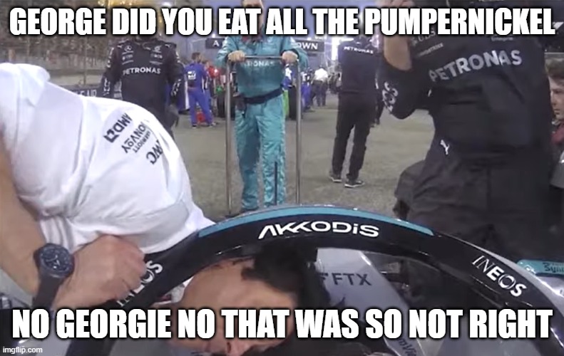 Toto Wolff | GEORGE DID YOU EAT ALL THE PUMPERNICKEL; NO GEORGIE NO THAT WAS SO NOT RIGHT | image tagged in toto wolff | made w/ Imgflip meme maker