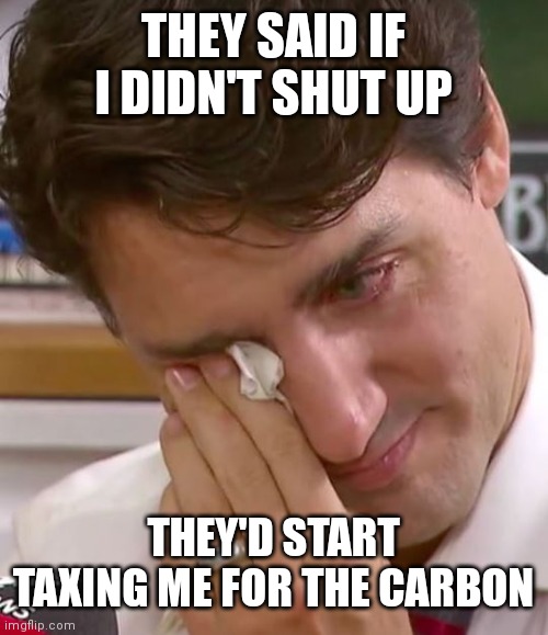 Justin Trudeau Crying | THEY SAID IF I DIDN'T SHUT UP; THEY'D START TAXING ME FOR THE CARBON | image tagged in justin trudeau crying | made w/ Imgflip meme maker