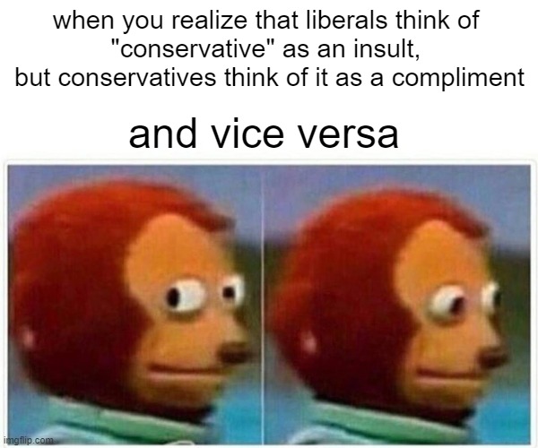 hmmmmhmmm | when you realize that liberals think of 
"conservative" as an insult, 
but conservatives think of it as a compliment; and vice versa | image tagged in memes,monkey puppet | made w/ Imgflip meme maker