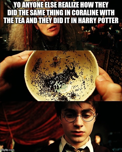 this is crazy | YO ANYONE ELSE REALIZE HOW THEY DID THE SAME THING IN CORALINE WITH THE TEA AND THEY DID IT IN HARRY POTTER | image tagged in harry potter | made w/ Imgflip meme maker