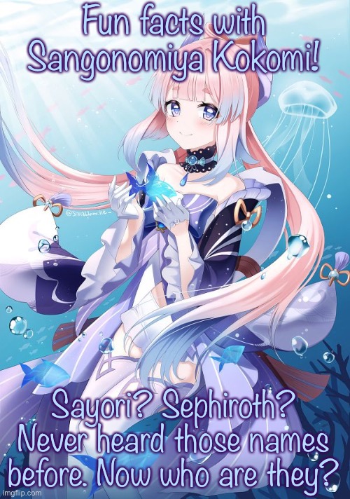 Sangonomiya Kokomi | Fun facts with Sangonomiya Kokomi! Sayori? Sephiroth? Never heard those names before. Now who are they? | image tagged in sangonomiya kokomi | made w/ Imgflip meme maker
