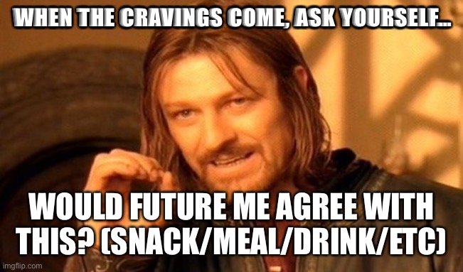Goal reminder | WHEN THE CRAVINGS COME, ASK YOURSELF…; WOULD FUTURE ME AGREE WITH THIS? (SNACK/MEAL/DRINK/ETC) | image tagged in memes,one does not simply,life goals,goals,weight loss | made w/ Imgflip meme maker
