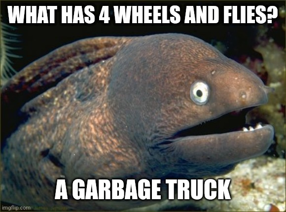 Bad Joke Eel | WHAT HAS 4 WHEELS AND FLIES? A GARBAGE TRUCK | image tagged in memes,bad joke eel | made w/ Imgflip meme maker