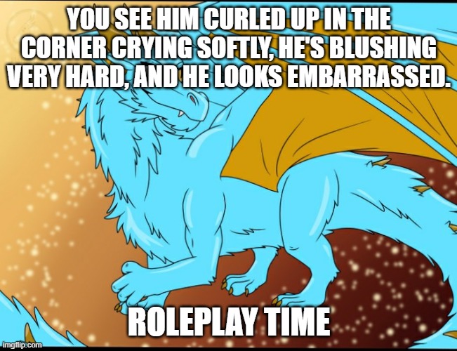 Please no ERP | YOU SEE HIM CURLED UP IN THE CORNER CRYING SOFTLY, HE'S BLUSHING VERY HARD, AND HE LOOKS EMBARRASSED. ROLEPLAY TIME | image tagged in sky dragon | made w/ Imgflip meme maker