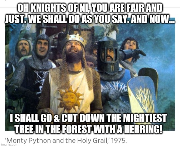 OH KNIGHTS OF NI, YOU ARE FAIR AND JUST. WE SHALL DO AS YOU SAY. AND NOW... I SHALL GO & CUT DOWN THE MIGHTIEST TREE IN THE FOREST WITH A HE | made w/ Imgflip meme maker