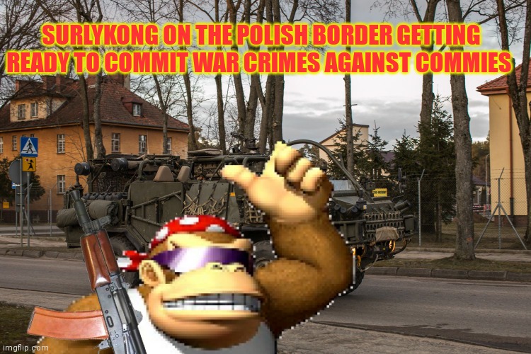 Is it really a crime tho? | SURLYKONG ON THE POLISH BORDER GETTING READY TO COMMIT WAR CRIMES AGAINST COMMIES | image tagged in ive committed various war crimes,surlykong,continues,his bloody,rampage | made w/ Imgflip meme maker