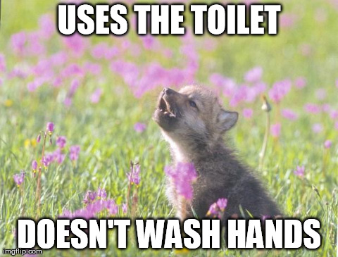 Baby Insanity Wolf | USES THE TOILET DOESN'T WASH HANDS | image tagged in memes,baby insanity wolf,AdviceAnimals | made w/ Imgflip meme maker