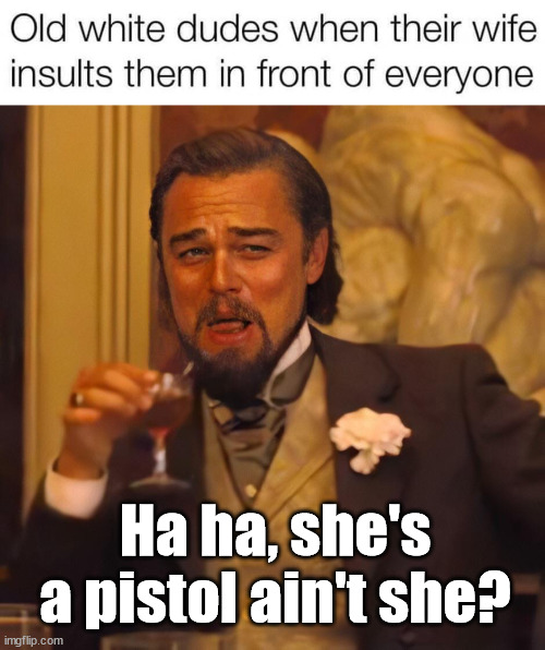 Ha ha, she's a pistol ain't she? | image tagged in leo dicaprio chuckles | made w/ Imgflip meme maker
