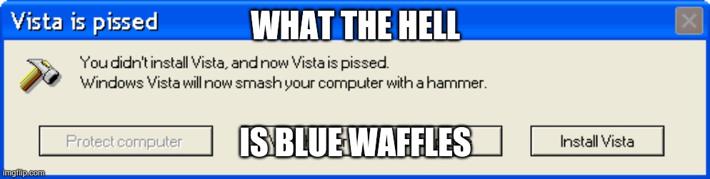 Vista is pissed | WHAT THE HELL; IS BLUE WAFFLES | image tagged in vista is pissed | made w/ Imgflip meme maker