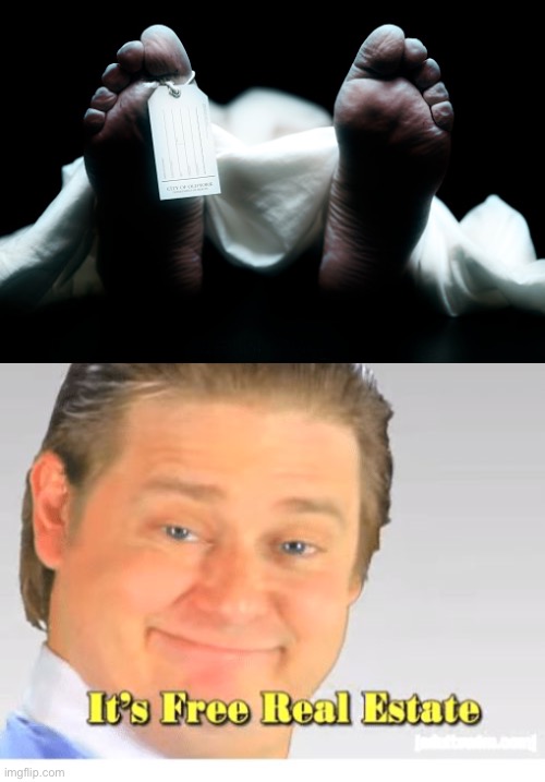 Free real estate | image tagged in dead body corpse feet tag,it's free real estate,dead,necrophilia | made w/ Imgflip meme maker