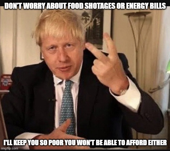 Boris Johnson | DON'T WORRY ABOUT FOOD SHOTAGES OR ENERGY BILLS; I'LL KEEP YOU SO POOR YOU WON'T BE ABLE TO AFFORD EITHER | image tagged in boris johnson | made w/ Imgflip meme maker