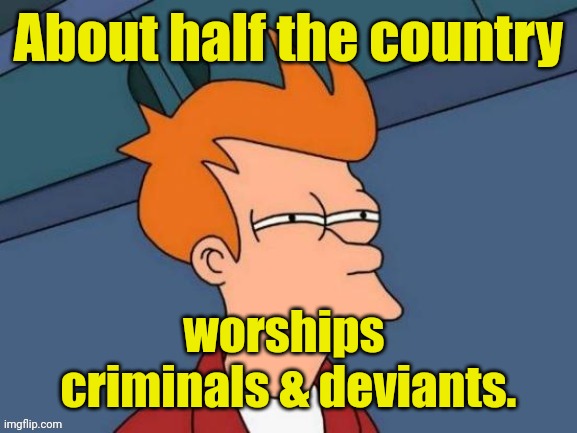 Fry is not sure... | About half the country worships 
criminals & deviants. | image tagged in fry is not sure | made w/ Imgflip meme maker