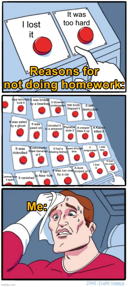Welp, I'm screwed. | image tagged in buttons,memes,funny,homework,school | made w/ Imgflip meme maker