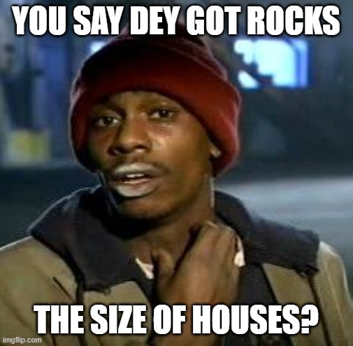 Crack head | YOU SAY DEY GOT ROCKS THE SIZE OF HOUSES? | image tagged in crack head | made w/ Imgflip meme maker