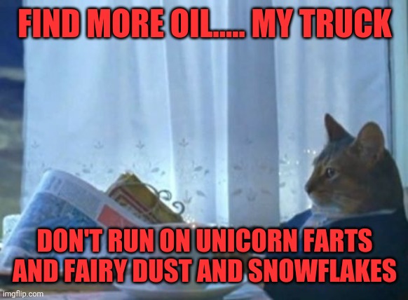 Gas | FIND MORE OIL..... MY TRUCK; DON'T RUN ON UNICORN FARTS AND FAIRY DUST AND SNOWFLAKES | image tagged in memes,i should buy a boat cat | made w/ Imgflip meme maker