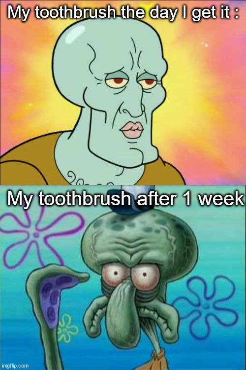 True story btw | My toothbrush the day I get it :; My toothbrush after 1 week | image tagged in memes,squidward,funny,not a gif | made w/ Imgflip meme maker