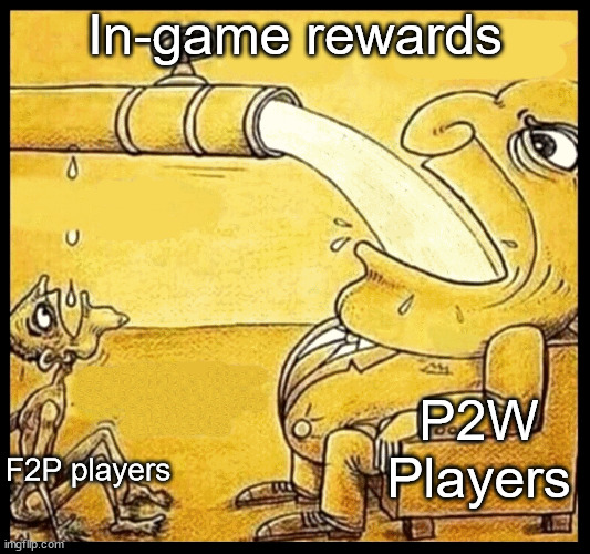 Being a f2p player sucks | In-game rewards; P2W Players; F2P players | image tagged in fat guy drinking water,funny,memes,gaming,not a gif | made w/ Imgflip meme maker