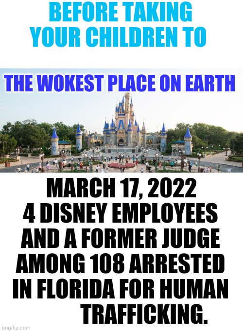 Consider This | BEFORE TAKING YOUR CHILDREN TO; THE WOKEST PLACE ON EARTH; MARCH 17, 2022; 4 DISNEY EMPLOYEES AND A FORMER JUDGE AMONG 108 ARRESTED IN FLORIDA FOR HUMAN            TRAFFICKING. | image tagged in memes,politics,disney,employees,human,traffic | made w/ Imgflip meme maker
