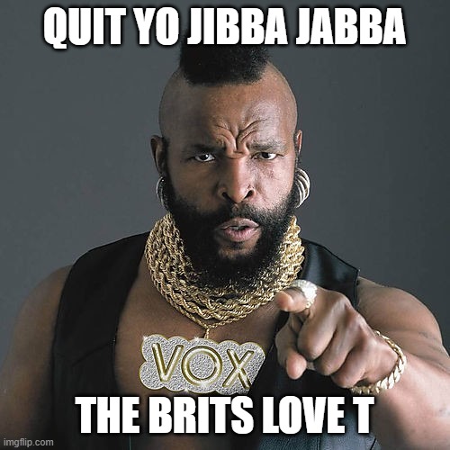 Mr T Pity The Fool Meme | QUIT YO JIBBA JABBA THE BRITS LOVE T | image tagged in memes,mr t pity the fool | made w/ Imgflip meme maker