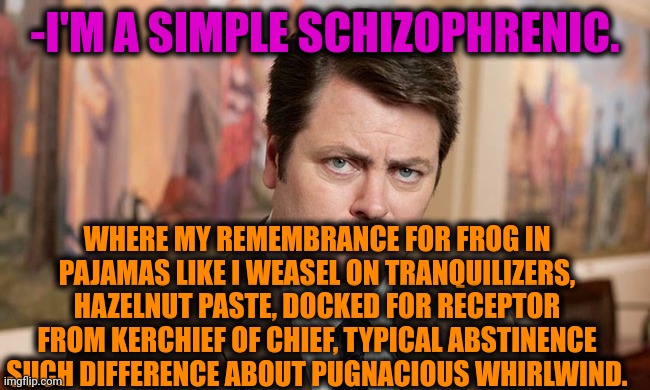 -Second try. | -I'M A SIMPLE SCHIZOPHRENIC. WHERE MY REMEMBRANCE FOR FROG IN PAJAMAS LIKE I WEASEL ON TRANQUILIZERS, HAZELNUT PASTE, DOCKED FOR RECEPTOR FROM KERCHIEF OF CHIEF, TYPICAL ABSTINENCE SUCH DIFFERENCE ABOUT PUGNACIOUS WHIRLWIND. | image tagged in i'm a simple man,ron swanson,schizophrenia,mental health,speech,talking heads | made w/ Imgflip meme maker