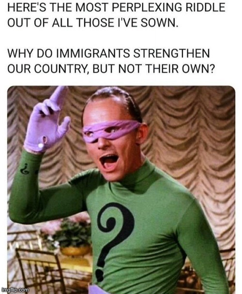 Think about it | image tagged in politics,the riddler,immigration,left tards | made w/ Imgflip meme maker