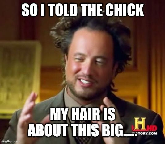 Big hair | SO I TOLD THE CHICK; MY HAIR IS ABOUT THIS BIG..... | image tagged in memes,ancient aliens | made w/ Imgflip meme maker