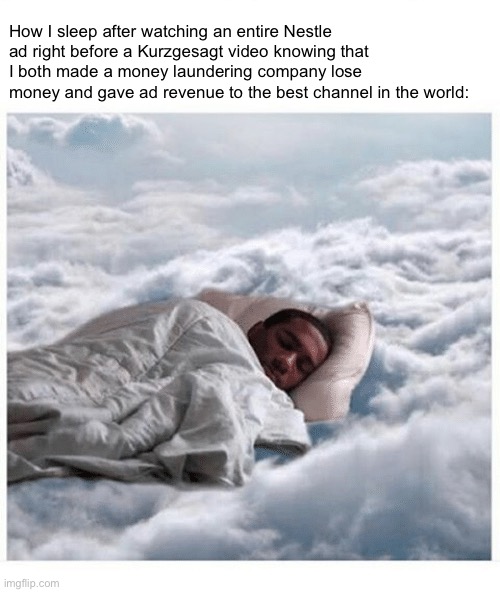 Just me? Ok. | How I sleep after watching an entire Nestle ad right before a Kurzgesagt video knowing that I both made a money laundering company lose money and gave ad revenue to the best channel in the world: | image tagged in how i sleep knowing | made w/ Imgflip meme maker