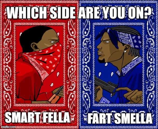 WHICH SIDE ARE YOU ON? | FART SMELLA; SMART FELLA | image tagged in which side are you on | made w/ Imgflip meme maker