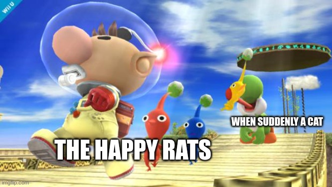 cat:NOM NOM NOM | WHEN SUDDENLY A CAT; THE HAPPY RATS | image tagged in yoshi likes pikmin | made w/ Imgflip meme maker