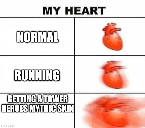 Pov:you got a mythic skin in tower heroes | NORMAL; RUNNING; GETTING A TOWER HEROES MYTHIC SKIN | image tagged in my heart blank | made w/ Imgflip meme maker