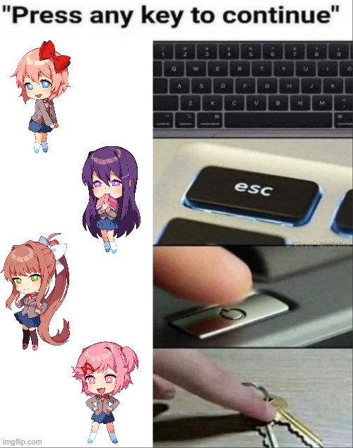 natsuKEY | image tagged in press any key to continue,online gaming,computers,doki doki literature club,monika,funny memes | made w/ Imgflip meme maker