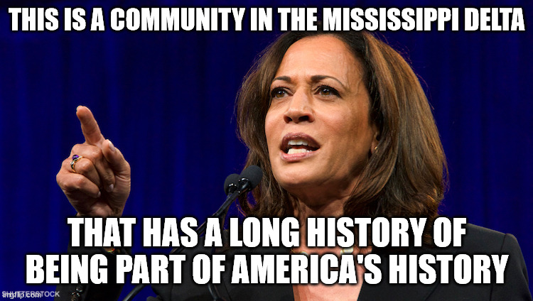 America's History |  THIS IS A COMMUNITY IN THE MISSISSIPPI DELTA; THAT HAS A LONG HISTORY OF BEING PART OF AMERICA'S HISTORY | image tagged in kamala harris,memes,meme | made w/ Imgflip meme maker