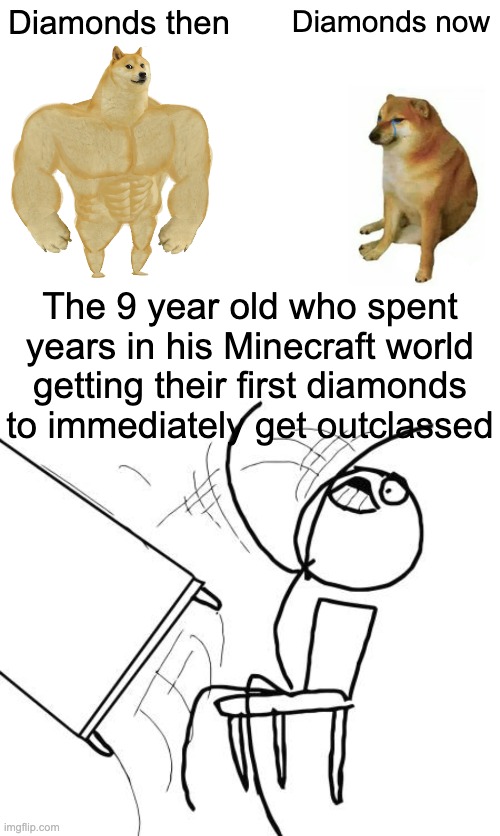 eeeeeee | Diamonds then; Diamonds now; The 9 year old who spent years in his Minecraft world getting their first diamonds to immediately get outclassed | image tagged in memes,buff doge vs cheems,table flip guy | made w/ Imgflip meme maker