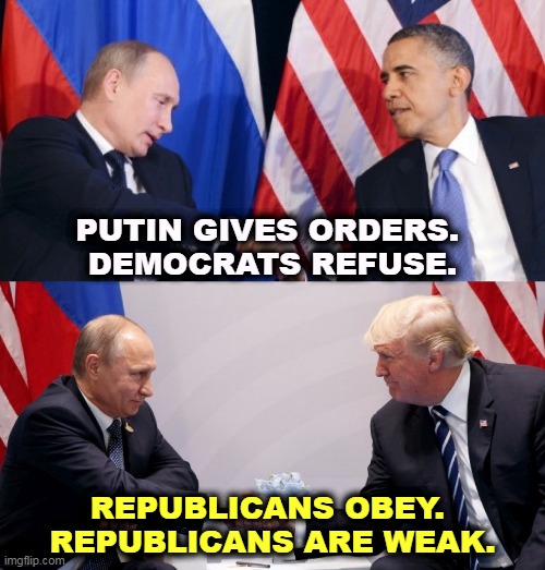 Putin orders, Democrats refuse, Republicans obey | PUTIN GIVES ORDERS. 
DEMOCRATS REFUSE. REPUBLICANS OBEY. 
REPUBLICANS ARE WEAK. | image tagged in putin orders democrats refuse republicans obey,putin,democrats,strong,republicans,weak | made w/ Imgflip meme maker