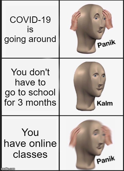 Online classes | COVID-19 is going around; You don't have to go to school for 3 months; You have online classes | image tagged in memes,panik kalm panik | made w/ Imgflip meme maker