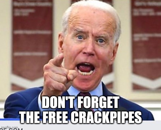 Joe Biden no malarkey | DON'T FORGET THE FREE CRACKPIPES | image tagged in joe biden no malarkey | made w/ Imgflip meme maker