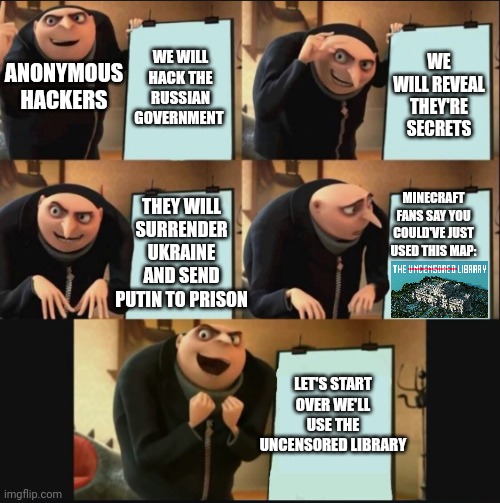 ?????? | WE WILL HACK THE RUSSIAN GOVERNMENT; ANONYMOUS HACKERS; WE WILL REVEAL THEY'RE SECRETS; THEY WILL SURRENDER UKRAINE AND SEND PUTIN TO PRISON; MINECRAFT FANS SAY YOU COULD'VE JUST USED THIS MAP:; LET'S START OVER WE'LL USE THE UNCENSORED LIBRARY | image tagged in 5 panel gru meme | made w/ Imgflip meme maker