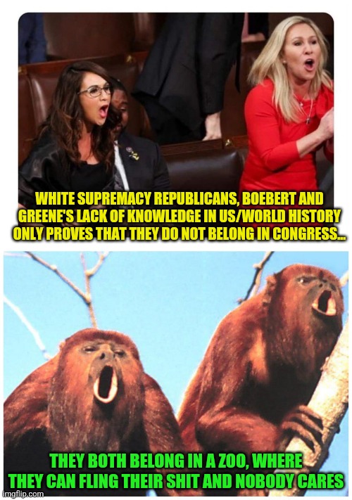 Boebert Marjorie Howler | WHITE SUPREMACY REPUBLICANS, BOEBERT AND GREENE'S LACK OF KNOWLEDGE IN US/WORLD HISTORY ONLY PROVES THAT THEY DO NOT BELONG IN CONGRESS... THEY BOTH BELONG IN A ZOO, WHERE THEY CAN FLING THEIR SHIT AND NOBODY CARES | image tagged in boebert marjorie howler | made w/ Imgflip meme maker