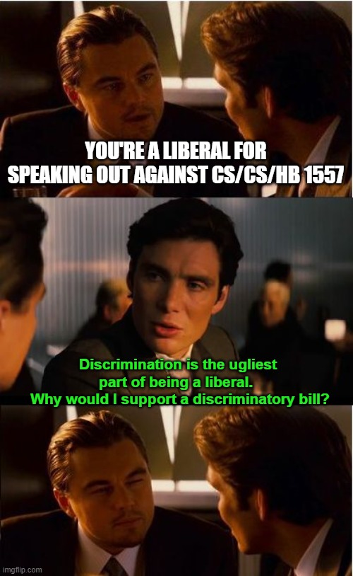 It's not about parental rights.  It's about circumventing public education funds.  We've been here before with magnet schools. | YOU'RE A LIBERAL FOR SPEAKING OUT AGAINST CS/CS/HB 1557; Discrimination is the ugliest part of being a liberal. 
 Why would I support a discriminatory bill? | image tagged in inception,parental rights in education | made w/ Imgflip meme maker