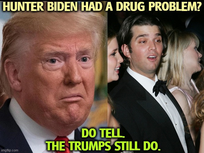 Donald Trump - dilated eyes | HUNTER BIDEN HAD A DRUG PROBLEM? DO TELL.
THE TRUMPS STILL DO. | image tagged in donald trump - dilated eyes,father,son,trump,drugs | made w/ Imgflip meme maker
