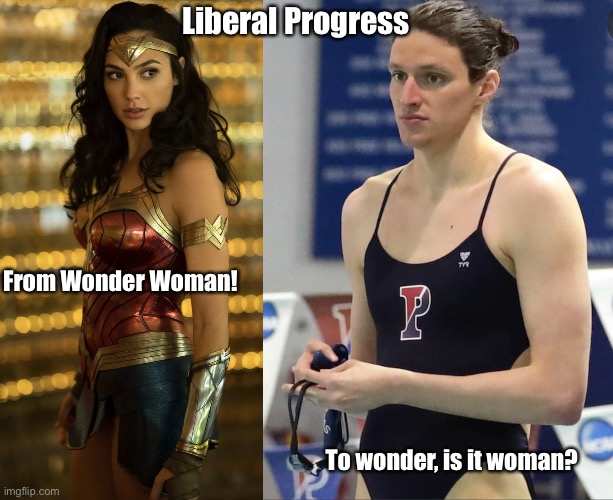 Liberal Progress | Liberal Progress; From Wonder Woman! To wonder, is it woman? | image tagged in wonder woman,wonder is it woman,transgender | made w/ Imgflip meme maker