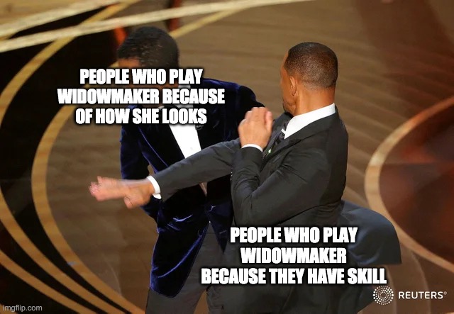 Ovarwetch be like | PEOPLE WHO PLAY WIDOWMAKER BECAUSE OF HOW SHE LOOKS; PEOPLE WHO PLAY WIDOWMAKER BECAUSE THEY HAVE SKILL | image tagged in will smith punching chris rock | made w/ Imgflip meme maker