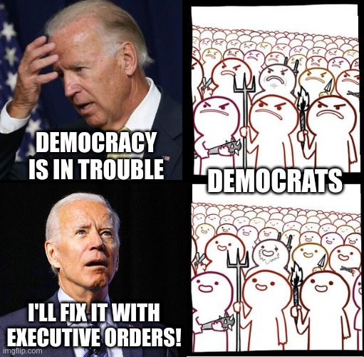 Nothing says "Democracy" like unilateral authoritarian action. | DEMOCRACY IS IN TROUBLE; DEMOCRATS; I'LL FIX IT WITH EXECUTIVE ORDERS! | image tagged in stupid liberals,joe biden | made w/ Imgflip meme maker